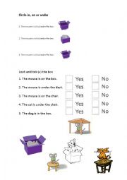 English Worksheet: Prepositions of place: in, on, under