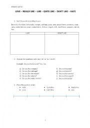 English Worksheet: Love-Really like-Like-Quite like-Dont like-Hate food worksheet