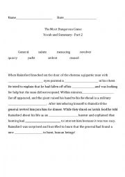 English Worksheet: THE MOST DANGEROUS GAME VOCAB CLOZE AND SUMMARY PART 2