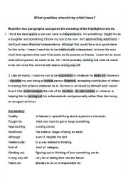 English Worksheet: What Qualities Should Children Have? Reading Activity + Vocabulary + Speaking Debate + Vocabulary Exercise