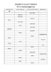 Memory table for irregular verbs