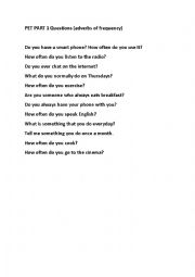 English Worksheet: PET Part 1 questions, adverbs of frequency 