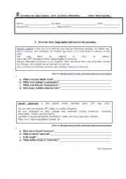 English Worksheet: TEST-mini biographies; Present Simple