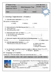 English Worksheet: mid-semester test n: 1