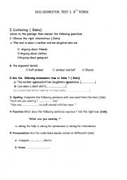 English Worksheet: MID - SEMESTER TEST   1    9TH FORM