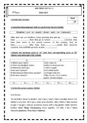 English Worksheet: Mid term test n1 (7th form tunisian program)