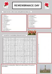 English Worksheet: Remembrance Day - wordsearch