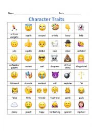 English Worksheet: Emoji Character Traits Adjectives