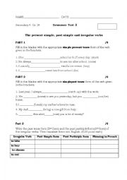 English Worksheet: Grammar Test Present and Past Simple & Irregular Verb forms
