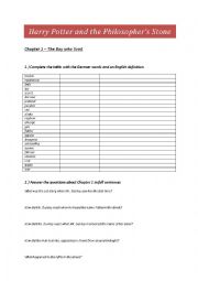 English Worksheet: Harry Potter and the Philosophers Stone Chapter 1