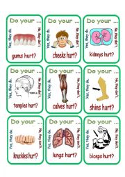 English Worksheet: Do your ... hurt? Go Fish for Intermediate Ss