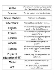 English Worksheet: School Subjects (papers to cut)