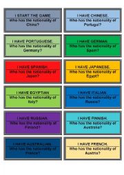 English Worksheet: I have who has nationalities game 