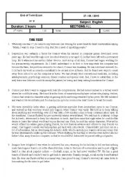 English Worksheet: end of term exam n3 second formers