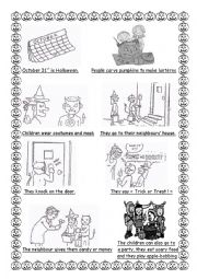English Worksheet: Halloween traditions, simple text for beginners with illustrations
