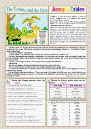 English Worksheet: The tortoise and the hare. Reading + questions + KEY