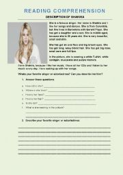 English Worksheet: Reading comprehension about description of Shakira