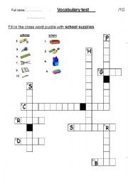 English Worksheet: crossword school supplies