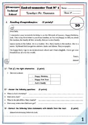 English Worksheet: End-of-semester Test N 1 (8th)