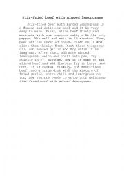English Worksheet: How to cook Stir-fried beef with minced lemongrass