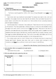 English Worksheet: a test about life in Tudor England