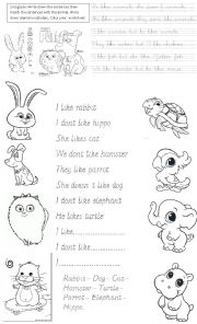 English Worksheet: writing excersise with animals and like and dont like 