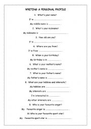 English Worksheet: Writing a personal profile