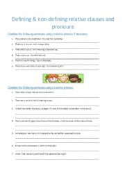 English Worksheet: Relative pronouns - defining & non-defining relative clauses exercises