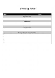 English Worksheet: Breaking news template