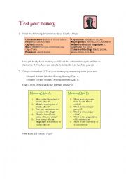 English Worksheet: A memory game about South Africa