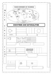 English Worksheet: countries,nationalities, 7 contnents and flag colorng