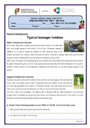 English Worksheet: Hobbies/Leisure activities - Test