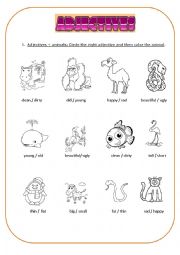 English Worksheet: Ajectives and animals - right place of adjective in sentences-unscramble adjectives