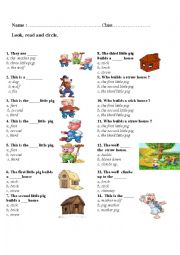 English Worksheet: look read and circle with  Three little pigs