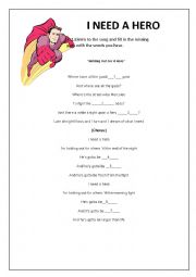 English Worksheet: I NEED A HERO (listening + pronunciation)