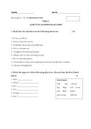 English Worksheet: Grammar TEST Adjectives and Irregular Verbs