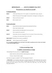 English Worksheet: METHODOLOGY               HOW TO COMMENT ON A TEXT?