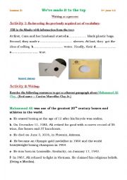 English Worksheet: Writing as a process for 1st year all pupils - Weve made it to the top - Muhammad Ali 