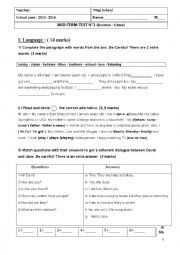 English Worksheet: Mid term test1 7th form