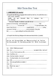 English Worksheet: Mid-Term One English Test