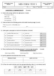 English Worksheet: MID-TERM  TEST 1 2nd form 