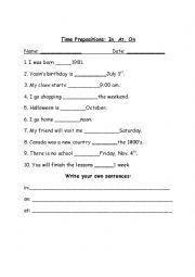 English Worksheet: in at on time and location