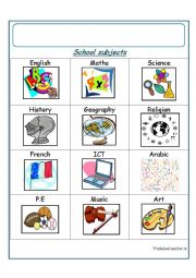 English Worksheet: school subjects