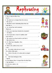 English Worksheet: REPHRASING - 2 PAGES