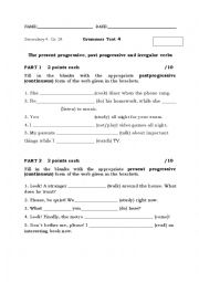 English Worksheet: Grammar Test 4 Present and Past Continuous and Some irregular verbs