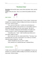 English Worksheet: Comprehension on The Dinner Party
