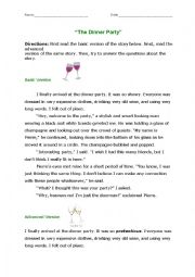 English Worksheet: Comprehension on The Dinner Party