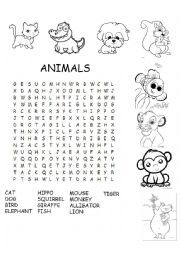 English Worksheet: Animal elementary wordsearch