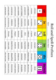 English Worksheet: Roll and Spell Prefixes