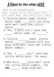 English Worksheet:  a freind for little white rabbit. PM reader worksheet level 7